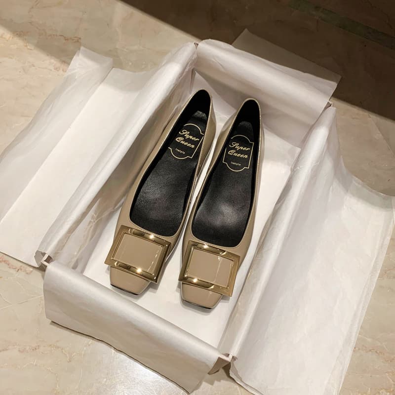 Women's Shoes Celebrity Elephant Gray Patent Leather Square Toe Square Buckle Flat Shoes Women's Flat Heel Shallow Mouth Temperament Women's Shoes