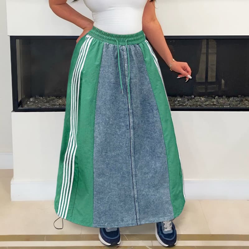 Women's Clothing Fashion Casual Straps Striped Stitching Loose Denim Skirt