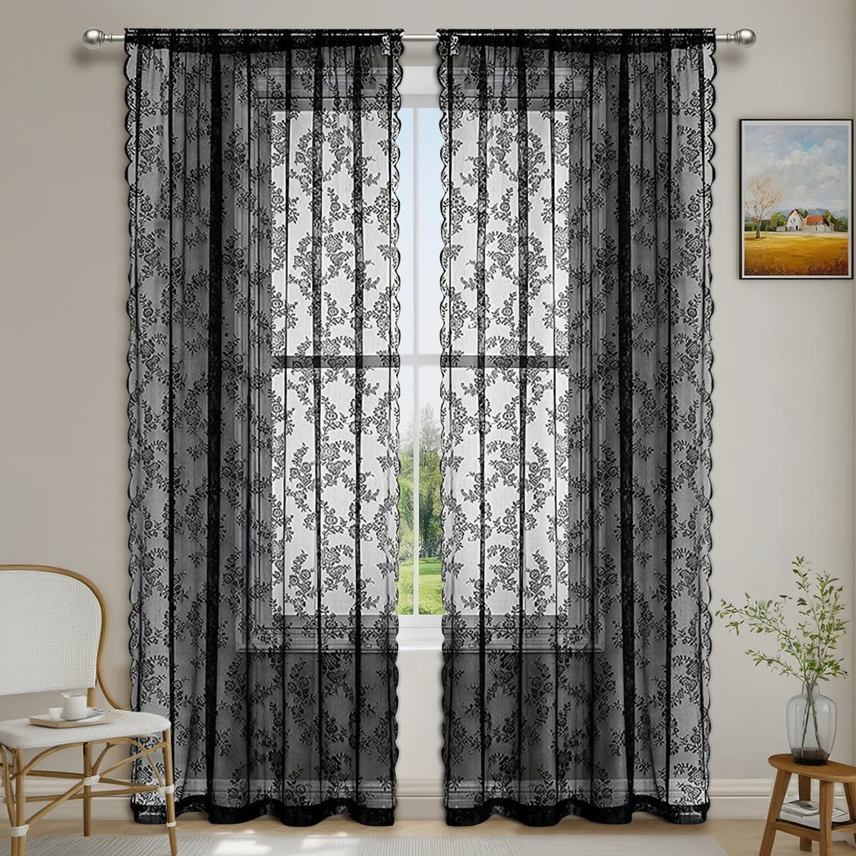 Warp Knitted Lace Curtain With German Rod - Elegant Window Screen For Outdoor & Rural Settings