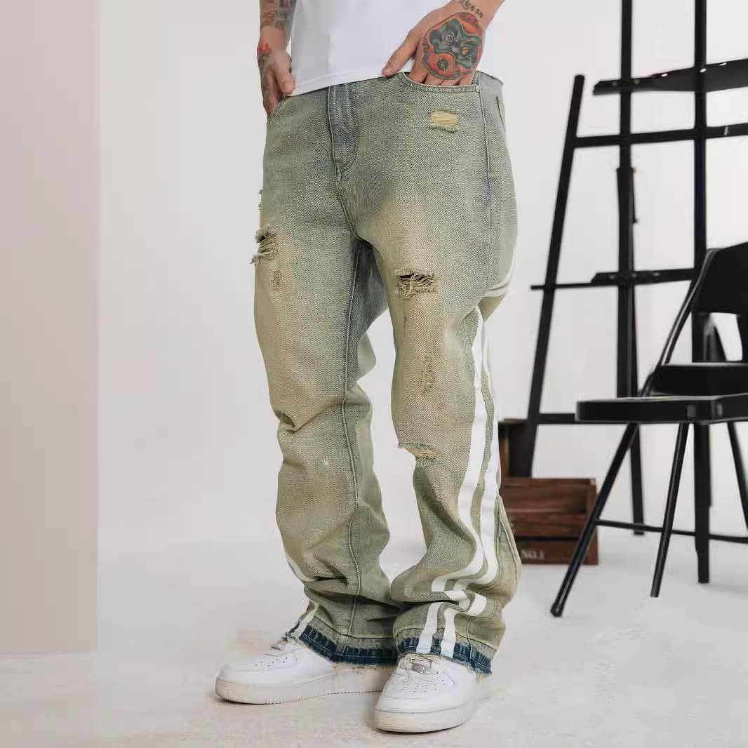 Unisex Distressed Splash Paint Flared Jeans Loose Fit Hip Hop Denim Pants Patchwork Design