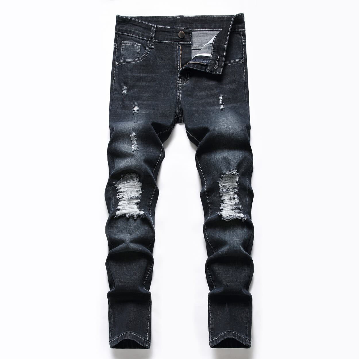 Mother & Kids Boy's Trousers, Washed Elastic Spot Denim Casual Straight Ripped Trousers, Medium And Large Children's Four Seasons Style