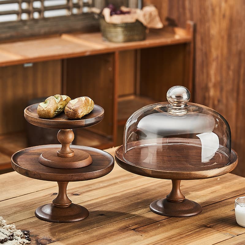 Vintage Wooden High-footed Cake Plate With Glass Cover, Dessert And Fruit Tray, Tea Snack Tray 2026