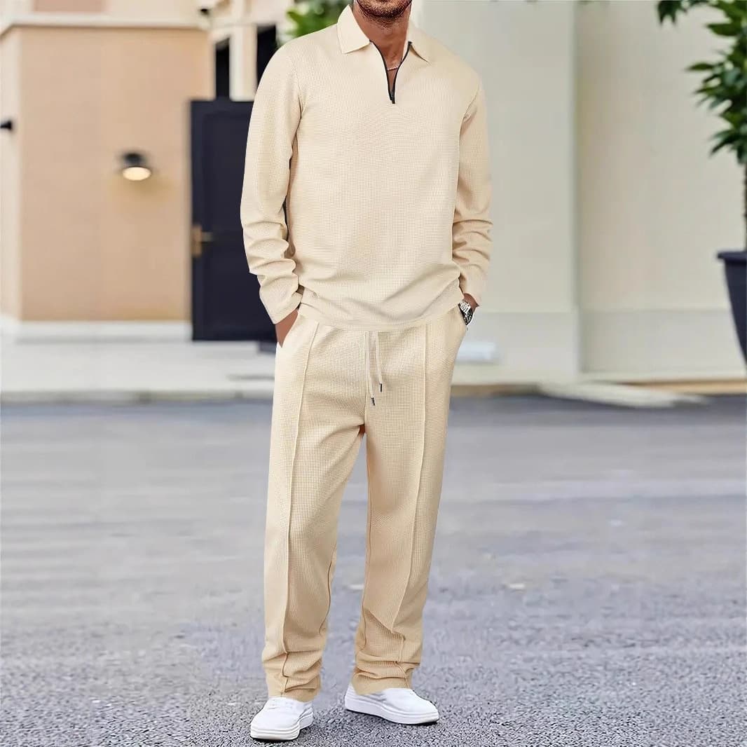 Men's Waffle Knit Half-Zip Polo Shirt & Long Pants Casual Set - Lightweight Comfort, Breathable Fabric, Stylish Autumn Outfit