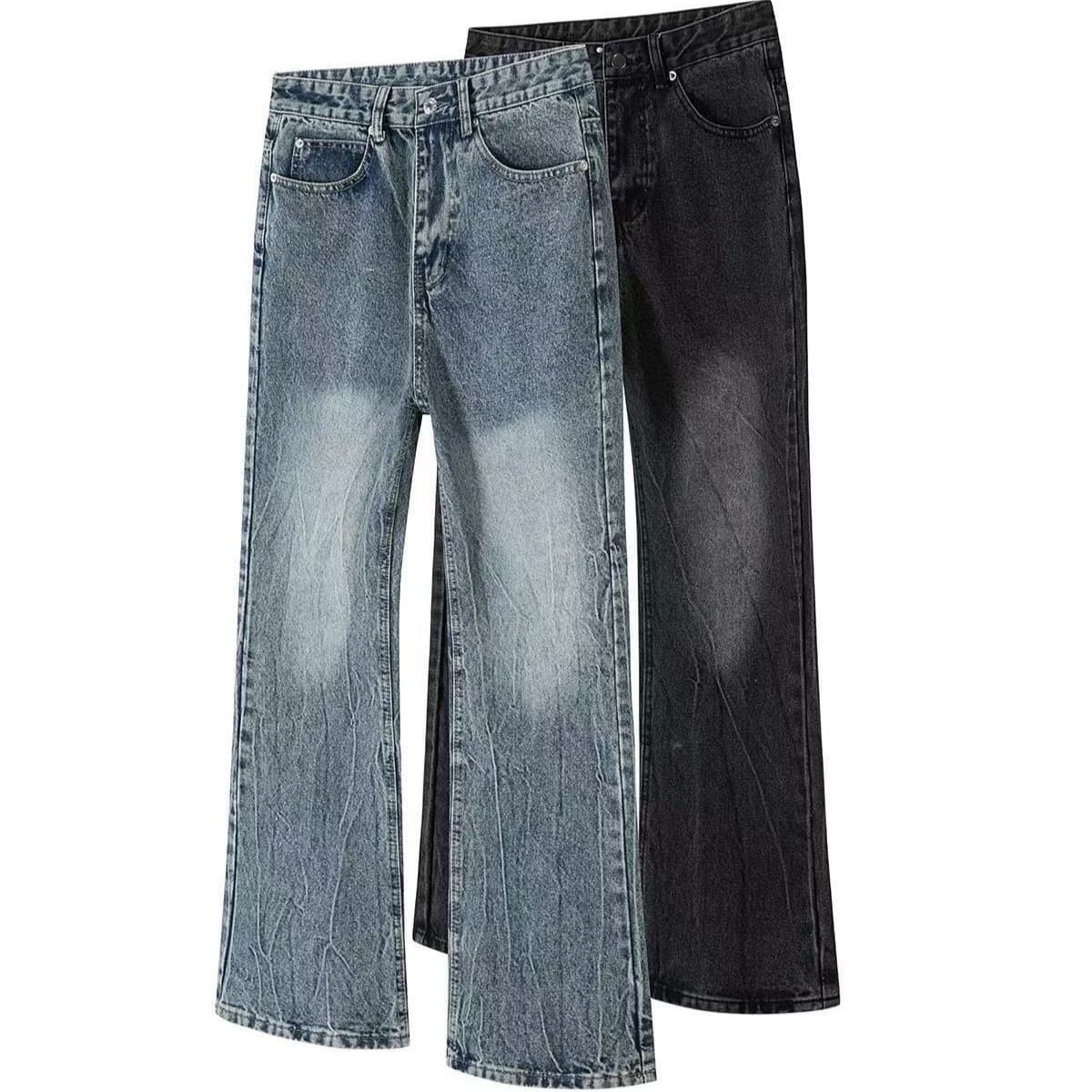 Cleanfit517 Vintage Wash Blue & Black Straight Leg Distressed Flared Jeans For Men & Women – Comfortable Cotton Denim With Frayed Hem