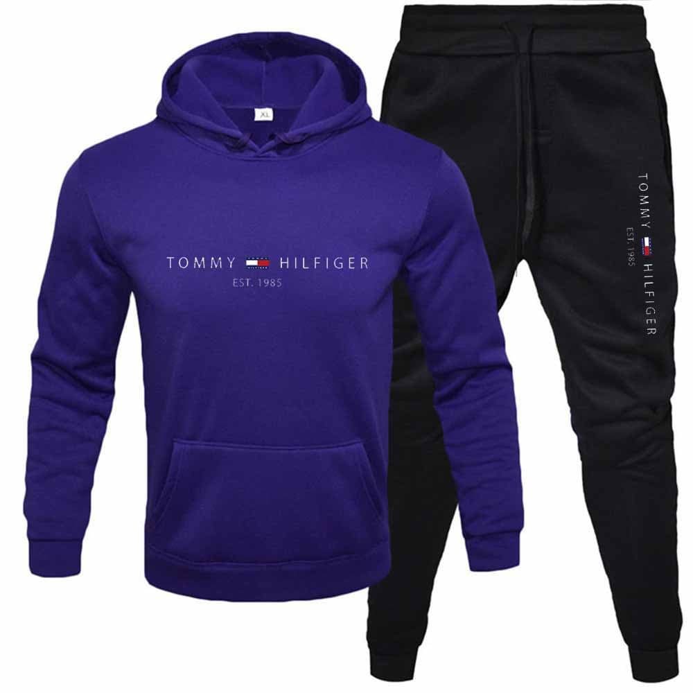PQ Automne Hiver Hommes Pull Plus Polaire À Capuche Costume Imprimé Couleur Unie Pull Sport Ensemble 2 Pièces