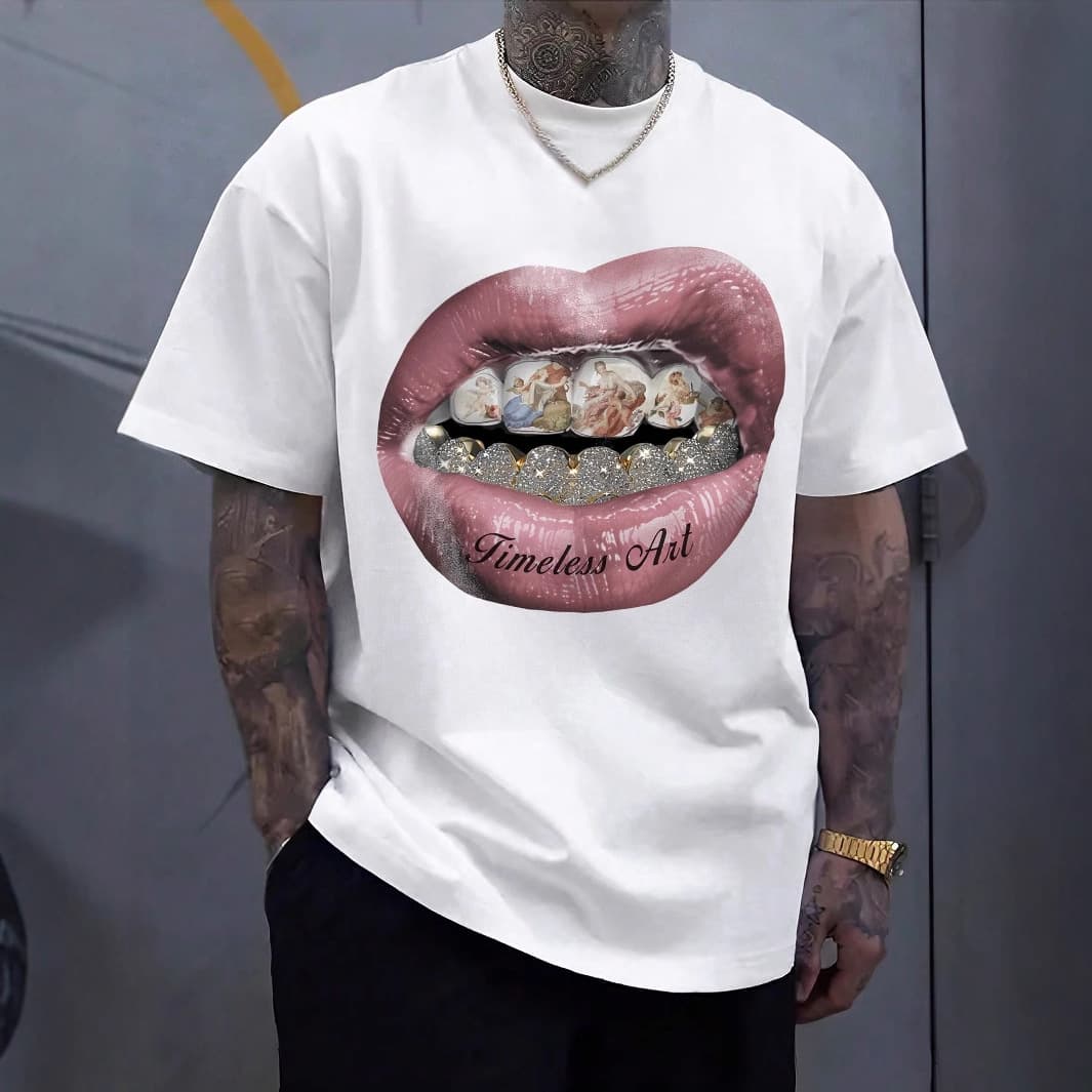 Men's Clothing T Shirt Y2k Mouth Print T Shirt Men's Summer Harajuku Street Wear Classic Cotton Casual Short Sleeved Men
