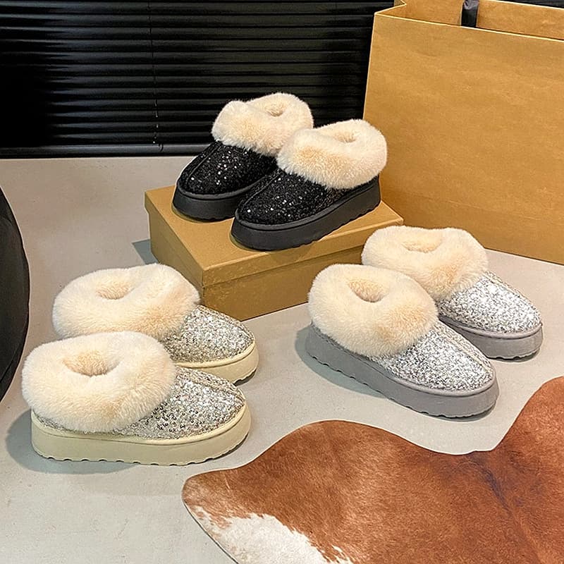 SHLIANG Thick Bottom Warm Snow Boots Women Winter Thickened Warm Sequin Cotton Shoes Comfortable Outdoor Casual Fur Shoes X0056