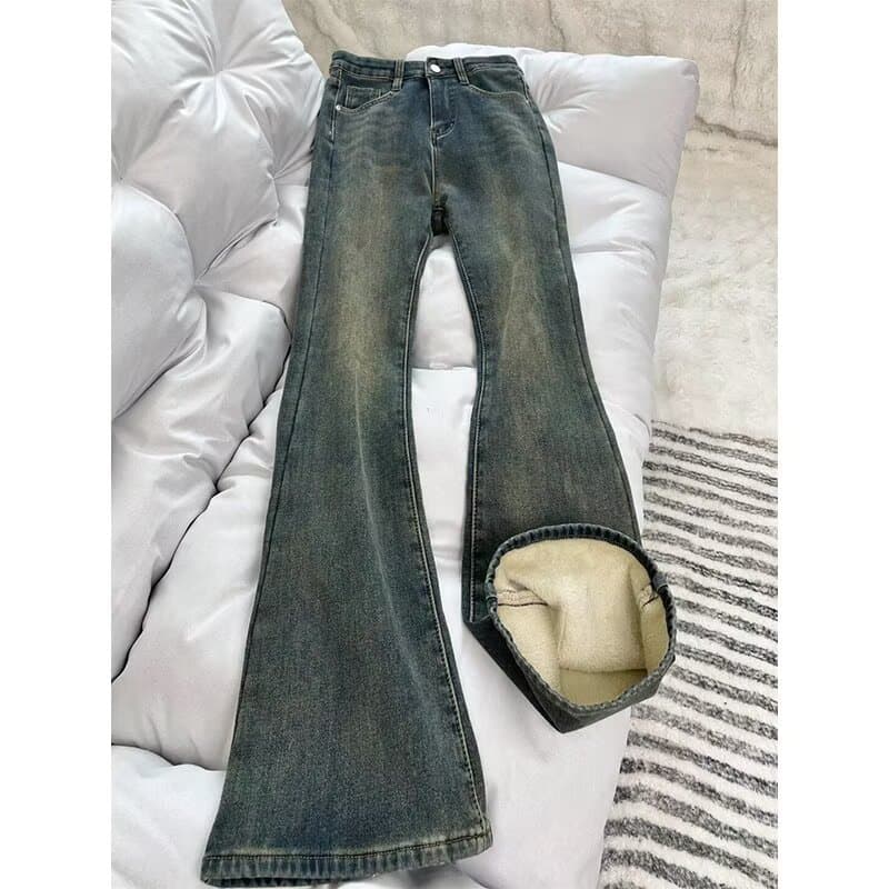 Fleece-Lined Vintage Straight Leg Jeans For Women – High Waist Stretchy Flared Bootcut With Slimming Fit