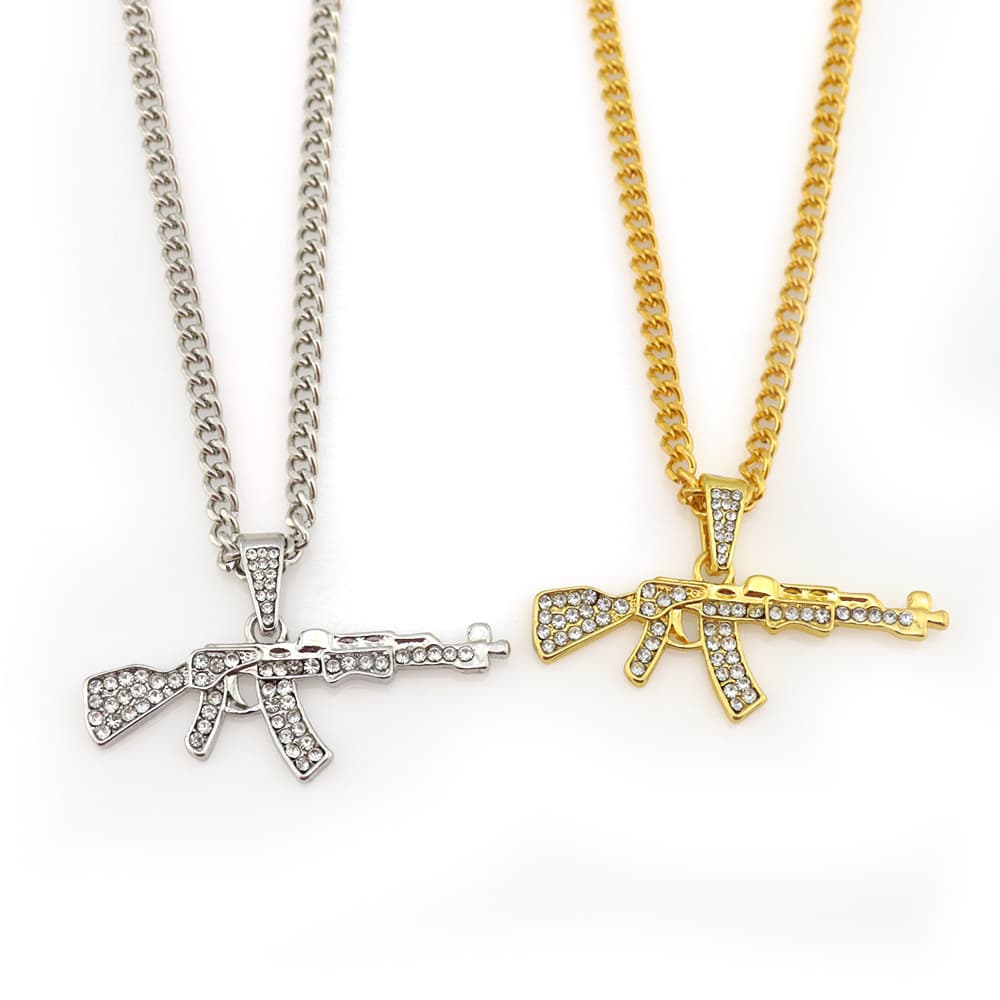 Men's & Women's Hip Hop AK47 Rifle Pendant Necklace - Alloy Gun Charm With Rhinestones - Unisex Cartoon Style Jewelry Gift For Wedding