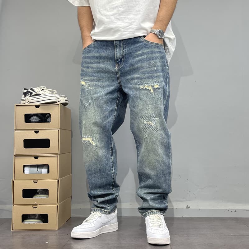 Spring American Casual Ruffian Handsome Retro Ripped Patch Jeans Men's Straight Loose Versatile Tapered Beggar Pants