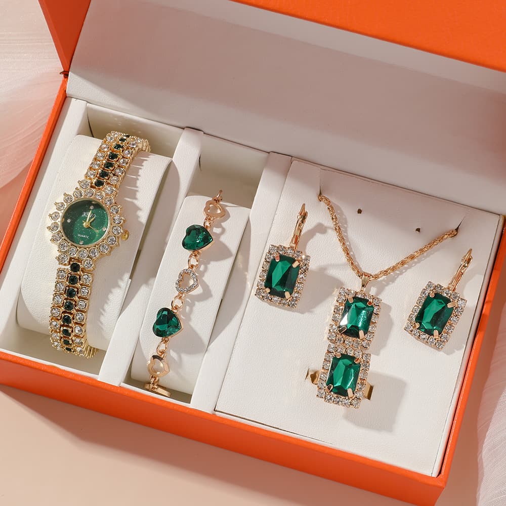 Small Green Watch Ladies Steel Quartz Watch + Ring Set Gift Box 5pcs/set