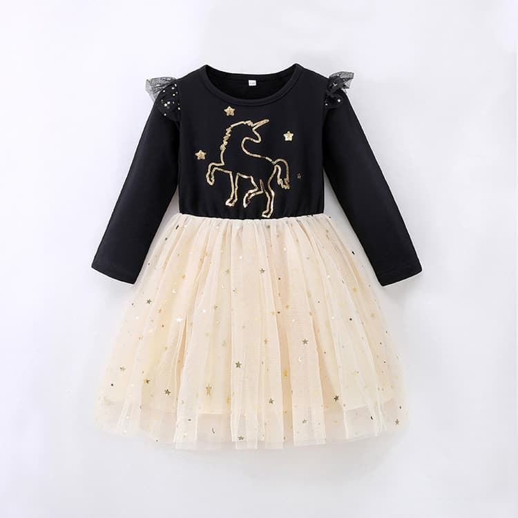 Girls' Autumn/Winter Sequin Embroidered Cartoon Princess Dress Long Sleeve Dress