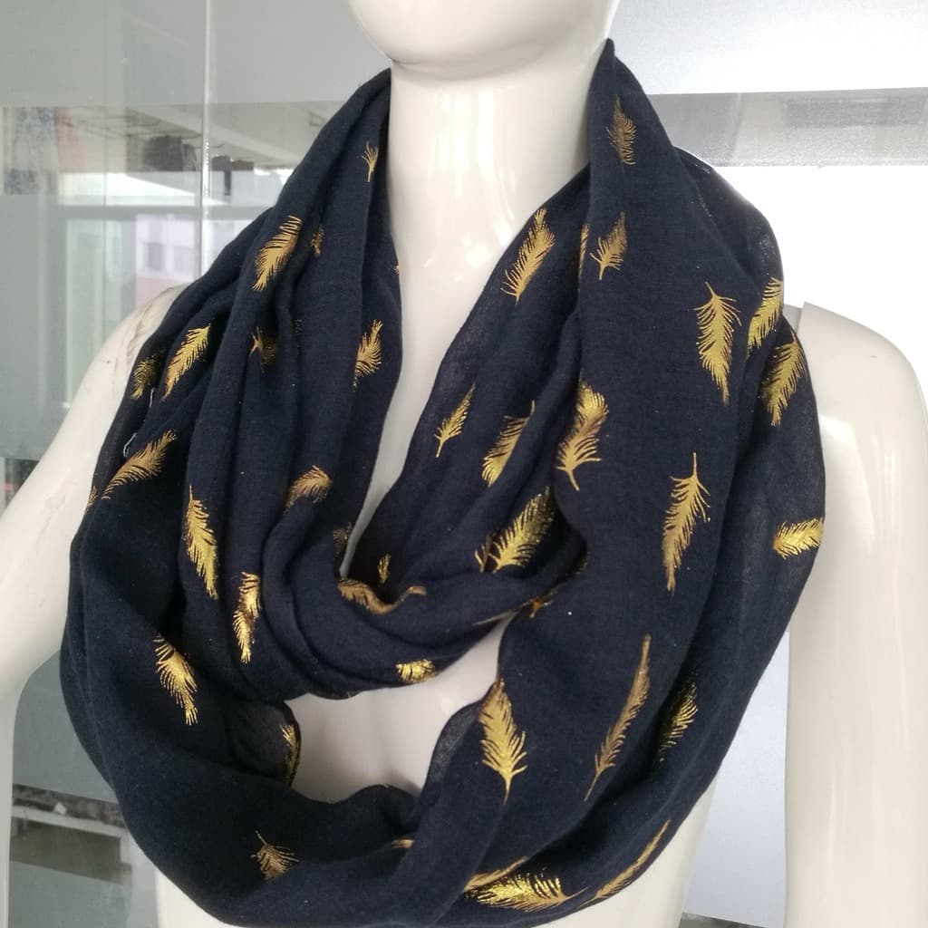 Luxi Scarf With Print, TR Cotton Gold Foil Feather Neck Warmer, Wholesale On