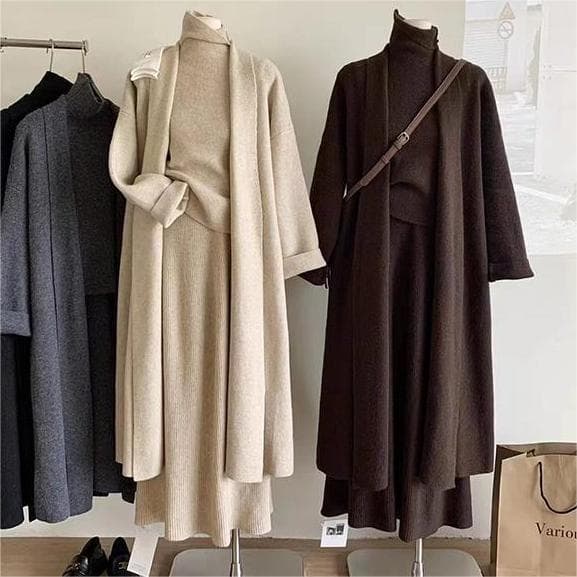 Effortless Knit Trio Set – Oversized Cardigan & Maxi Dress (Autumn Cocoon Silhouette In Camel/Black/Ash)