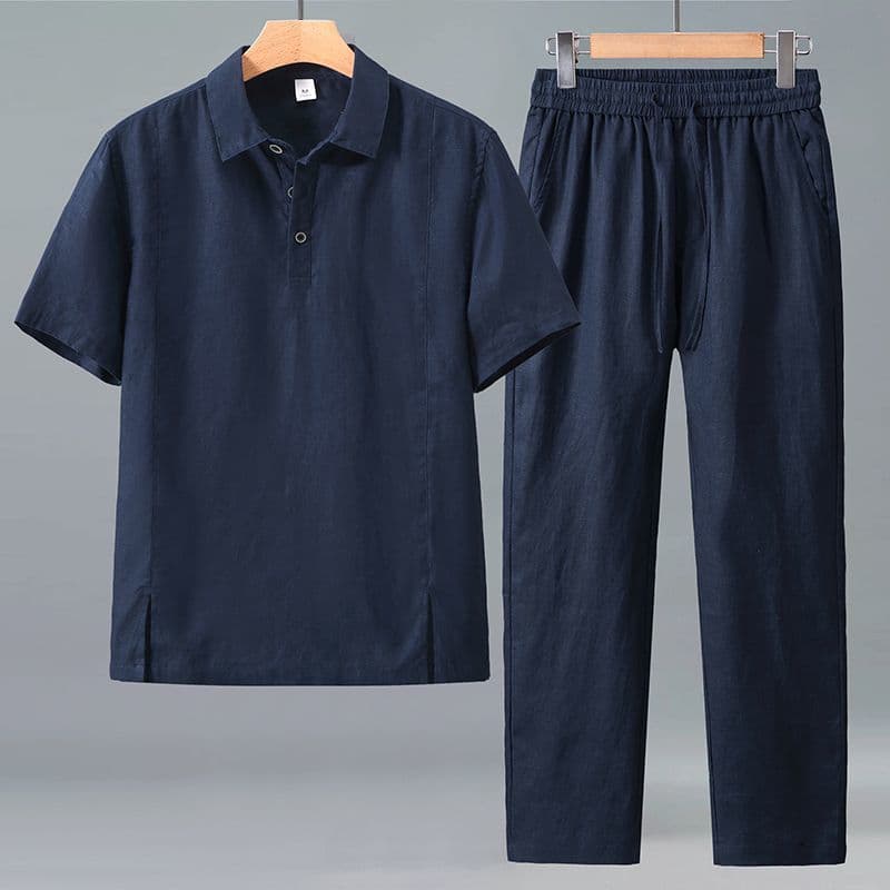 Men's Short Sleeve Polo Shirt & Pants Set, Breathable Linen-Look Casual Outfit For Daily Wear, Sizes M To 5xl
