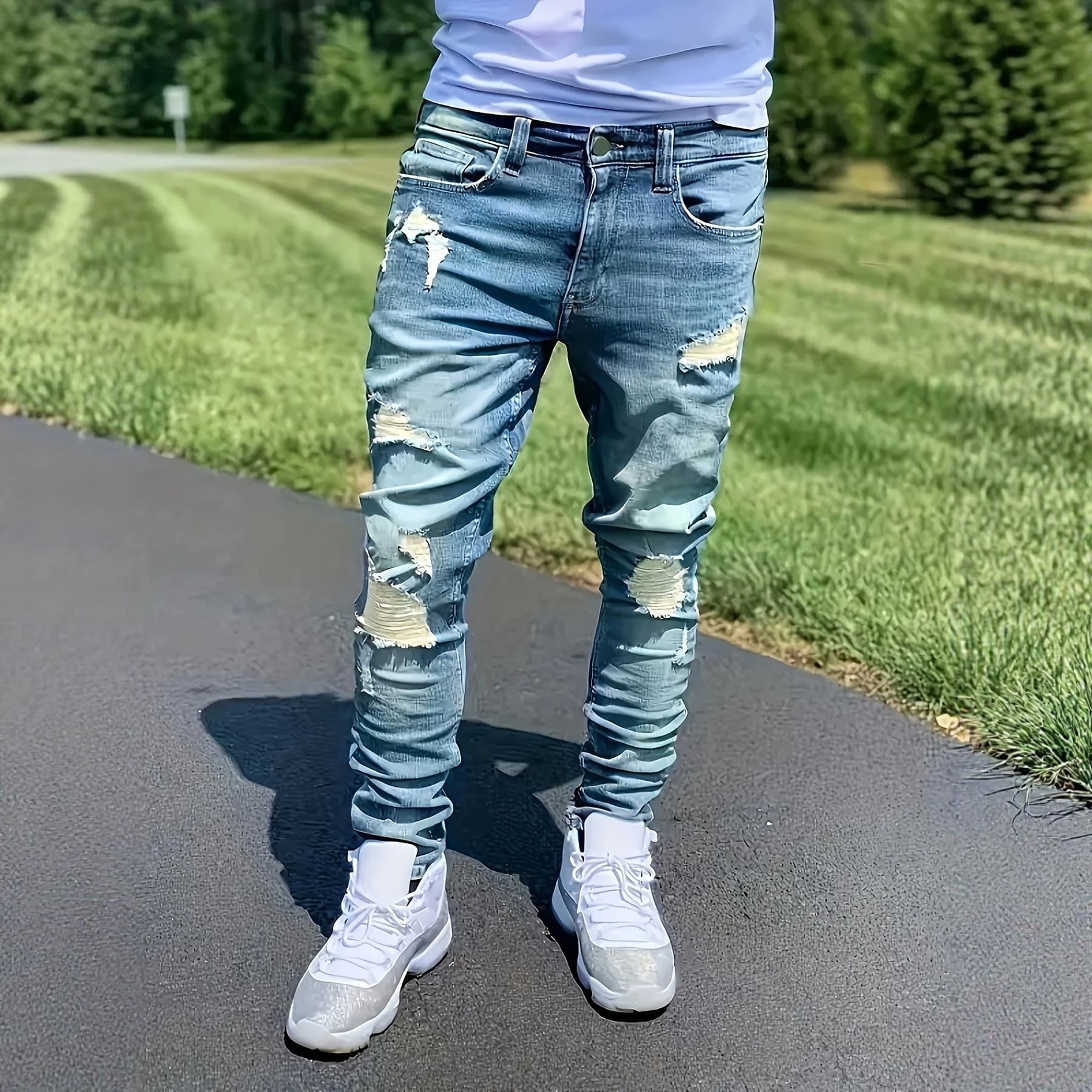 Pulse European And American Retro Ripped Jeans Men's Mid-Waist Stretch Skinny All-Season Casual Pants