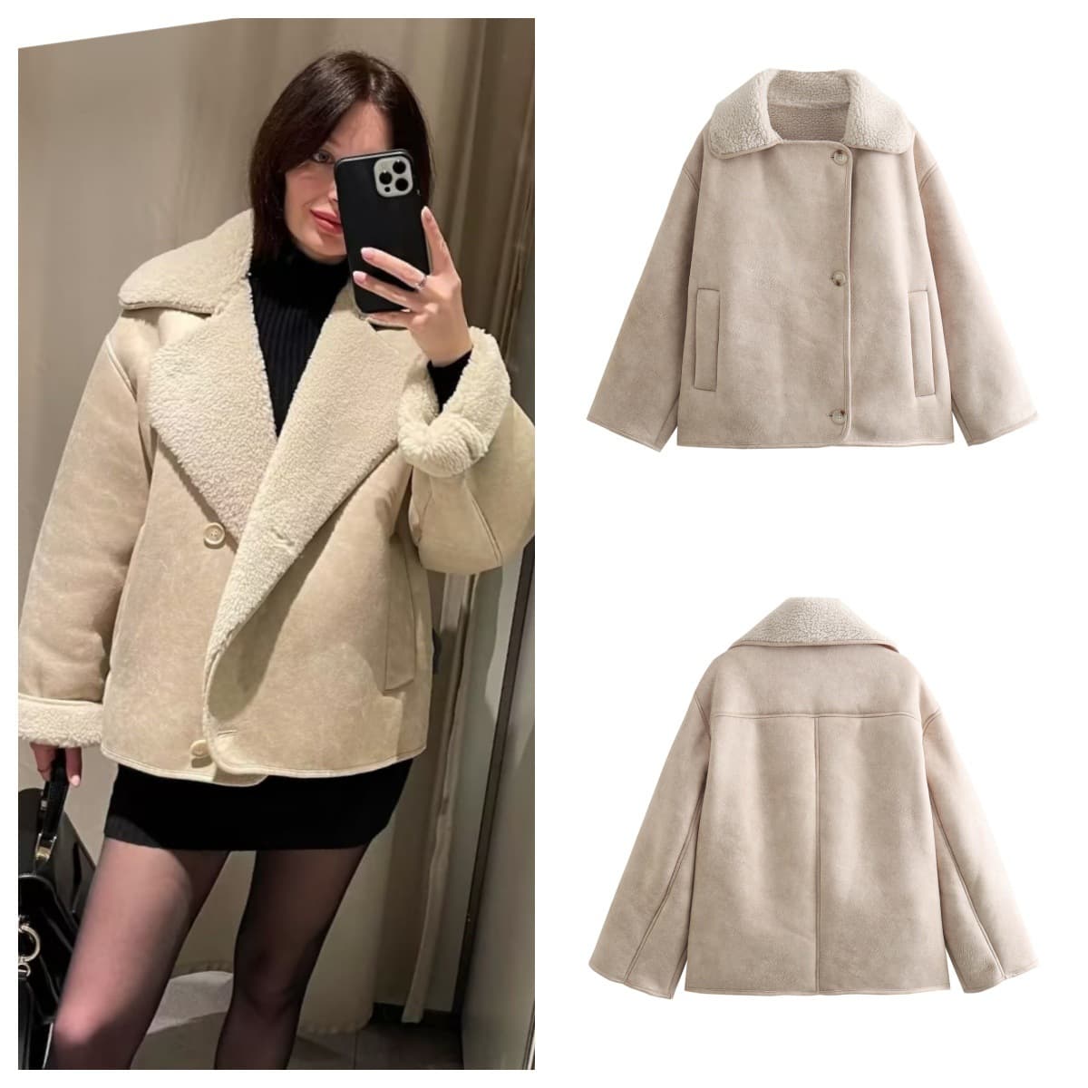 Oversized Faux Shearling Jacket – Distressed Suede Collar, Warm Winter Coat For Women (S-L)