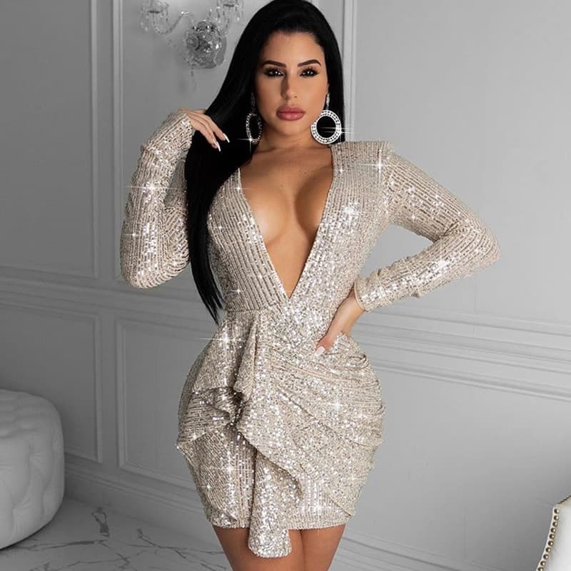 Women's Clothing autumn and winter women's clothing deep V neck backless sequined tight hip wrapped evening dress sexy dress