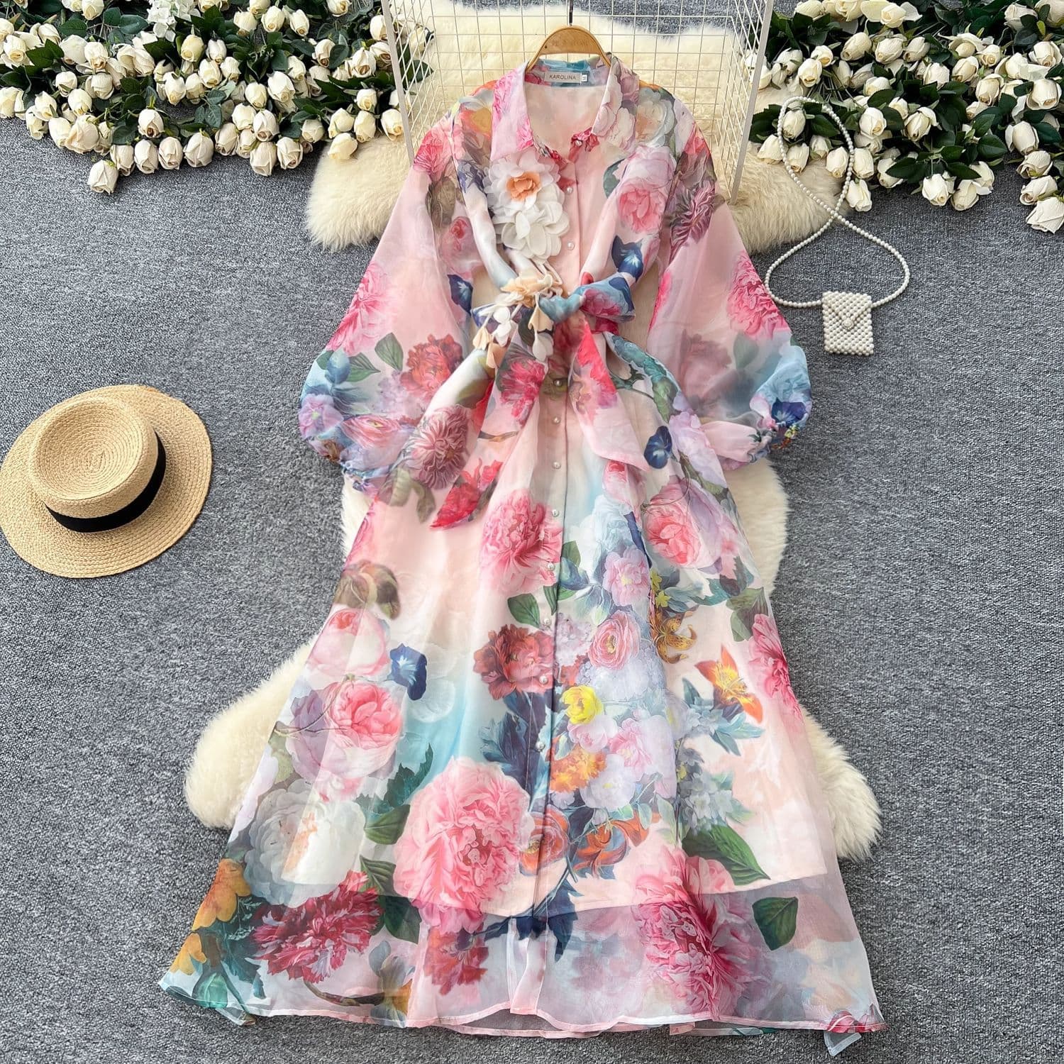 Women's Retro Court Style Long Dress Floral Print Puff Sleeve Tie Waist Beautiful And Ethereal Autumn Dress