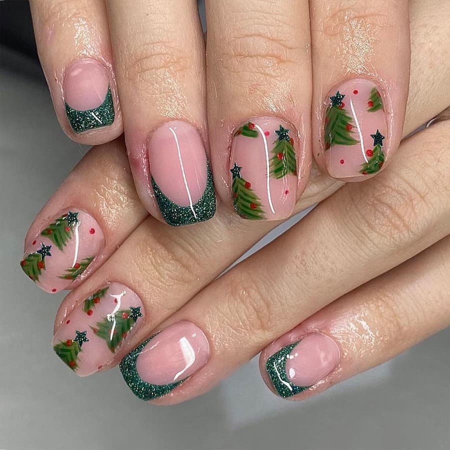 Short Glitter Square Armor 2024 New Christmas Glitter Dark Green Christmas Tree French Nail Art Patch 24 Pieces