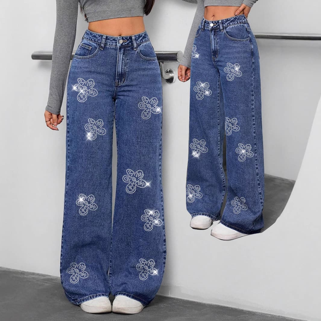 Popular High Street Hot Diamond Trousers Pure Straight Loose And Versatile Wide-leg Washed Jeans