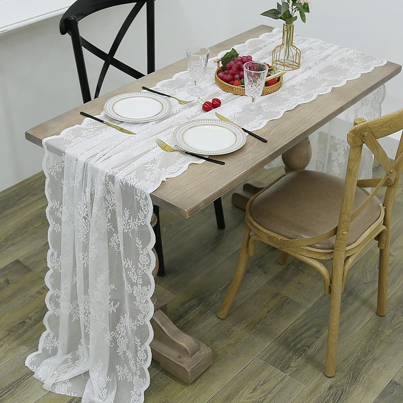 White Lace Table Runner Set - Elegant Cover For Coffee Table TV Stand Dresser & Shoe Cabinet