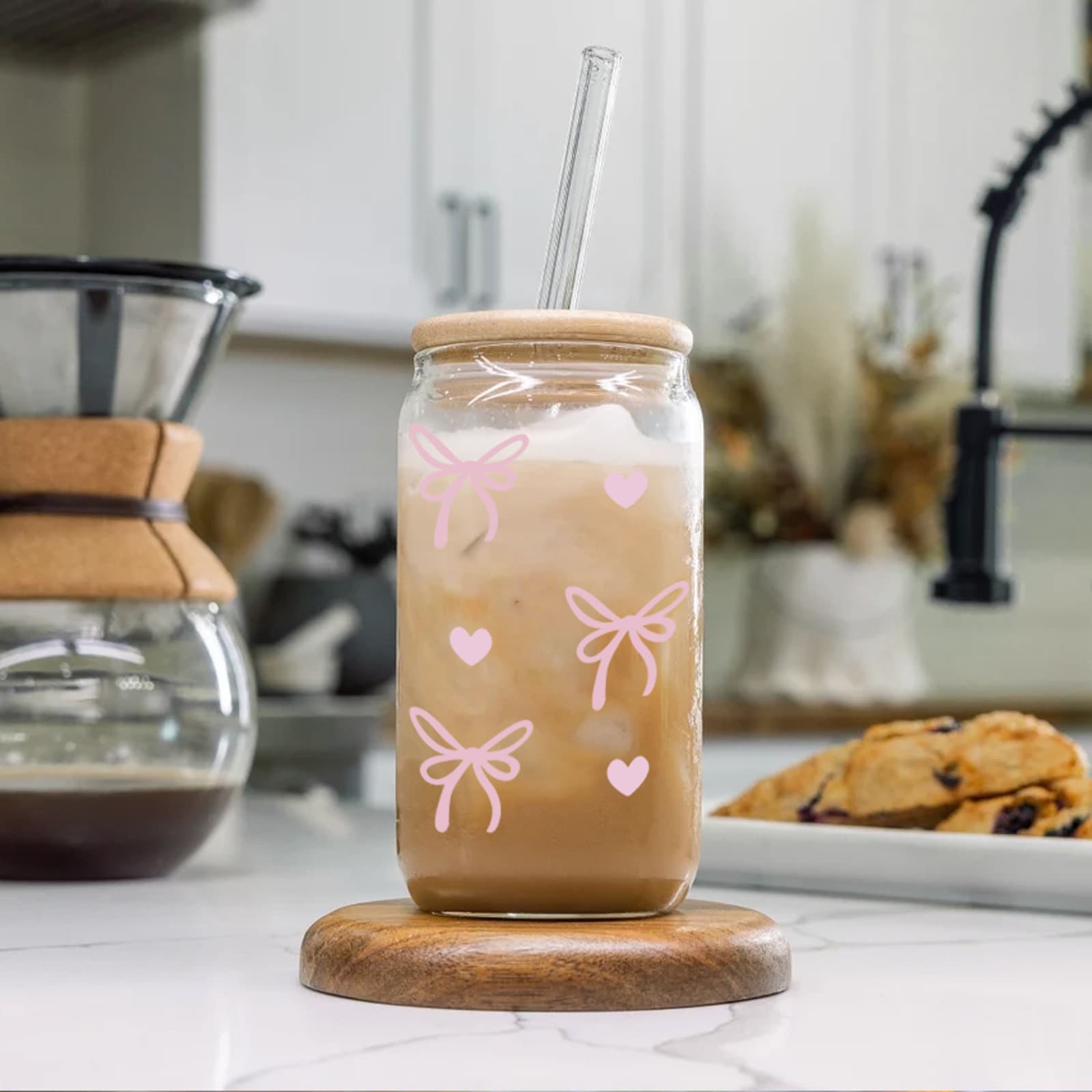 500ml Modern Straw Cup With Heart Bow – Borosilicate Glass, Bamboo Lid & Curved Straw, Thermal Insulated For Hot/Cold Drinks