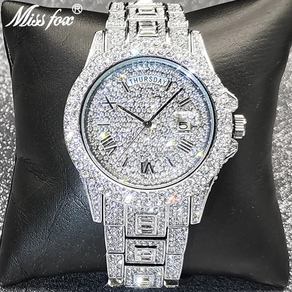 Shiny Dia Watch For Men Hip Hop Trendy Iced Out Quartz Watches High Quality Stainless Steel Waterproof Day Date