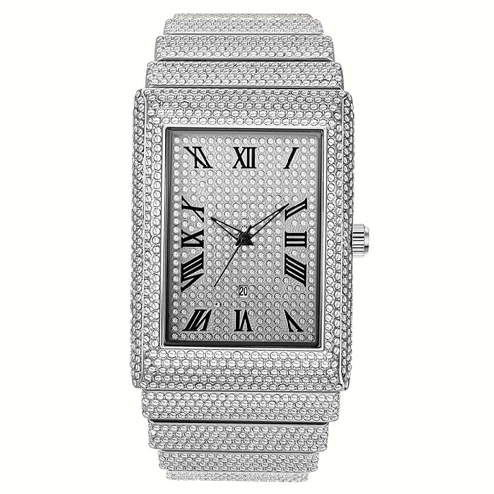 Montre de luxe pour homme avec strass – Cadran carré style hip-hop avec accents de diamants, bracelet en acier inoxydable doré, affichage de la date, mouvement à quartz