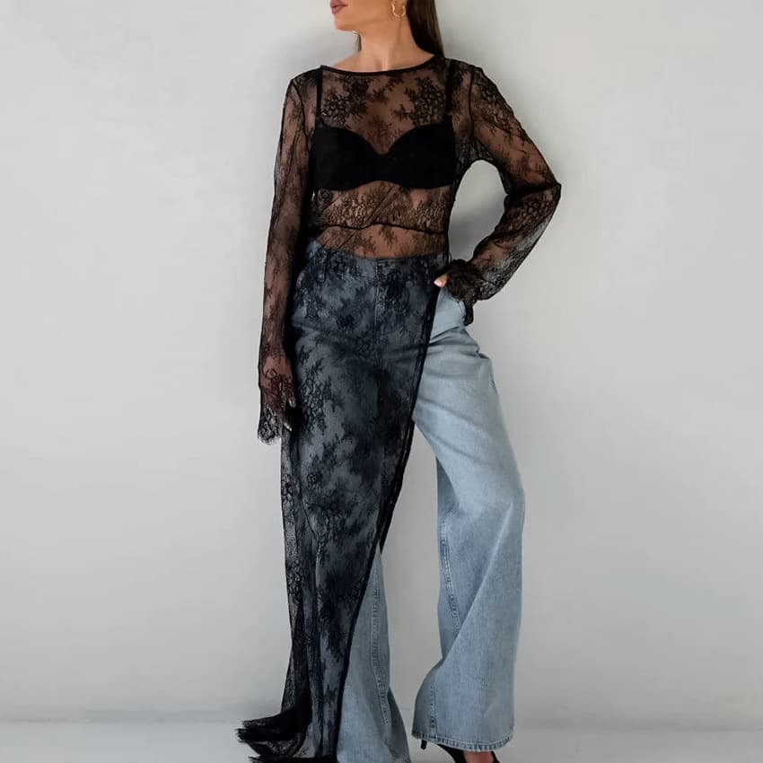 Women's Clothing Sexy Black See Through Dress With Lace Round Neck Long Sleeves And Slit Asymmetrical Dress Long Dress For Summer