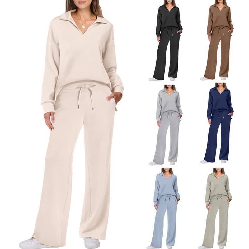 2025 Autumn Winter Fashion Casual Sports Suit Long Sleeve V-neck Sweatshirt Wide-leg Pants Two-piece Set For Women