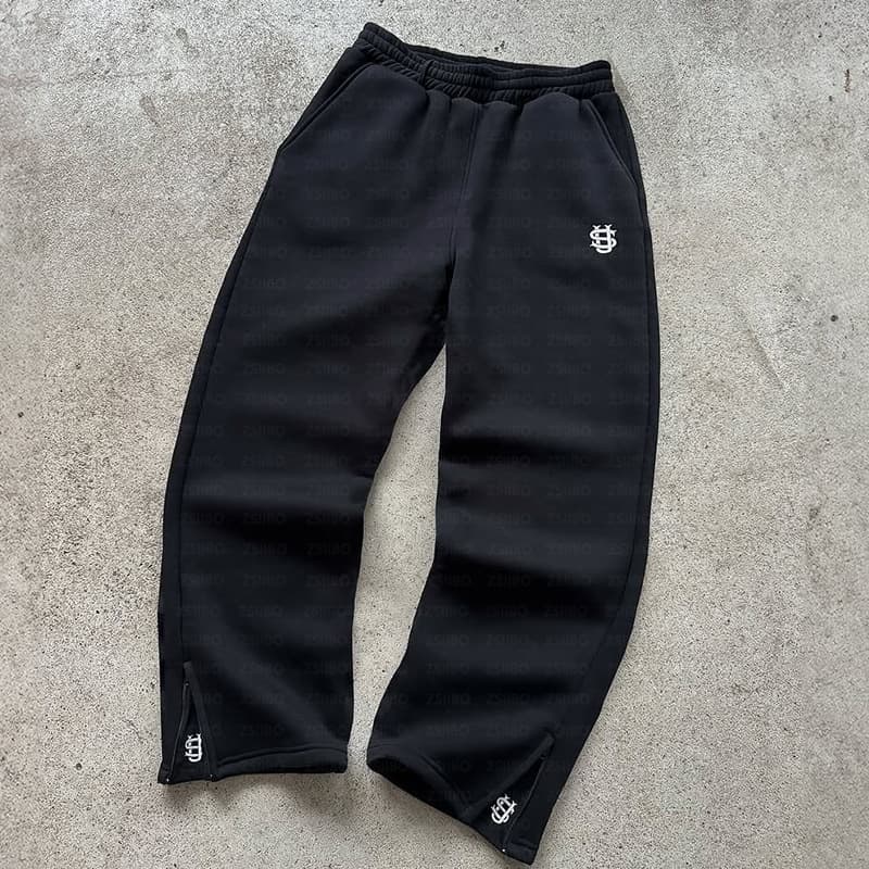Pantalon streetwear Y2K unisexe coupe ample, logo brodé, noir/beige/gris - Taille basse, long en polyester