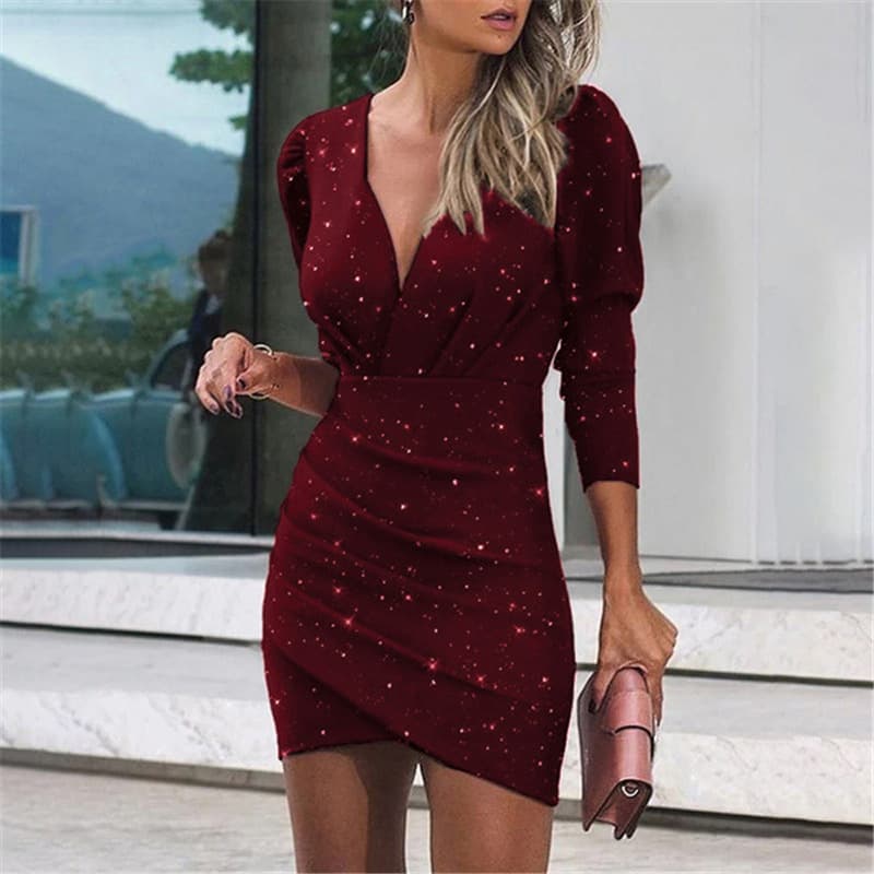Women Sexy V-neck Long Sleeve 3D Digital Print Fashion Bag Hip Tight Night Club Dress Party Dress