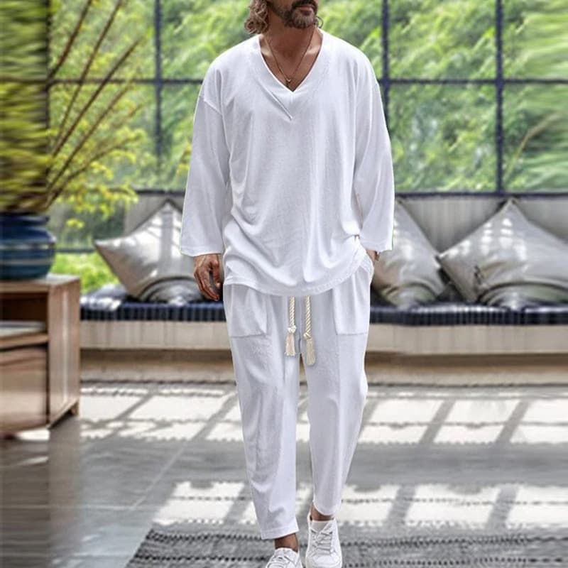 Men's Clothing Spring and Autumn Men's V neck Shirt Casual Loose Long Sleeve Trousers Beach Suit