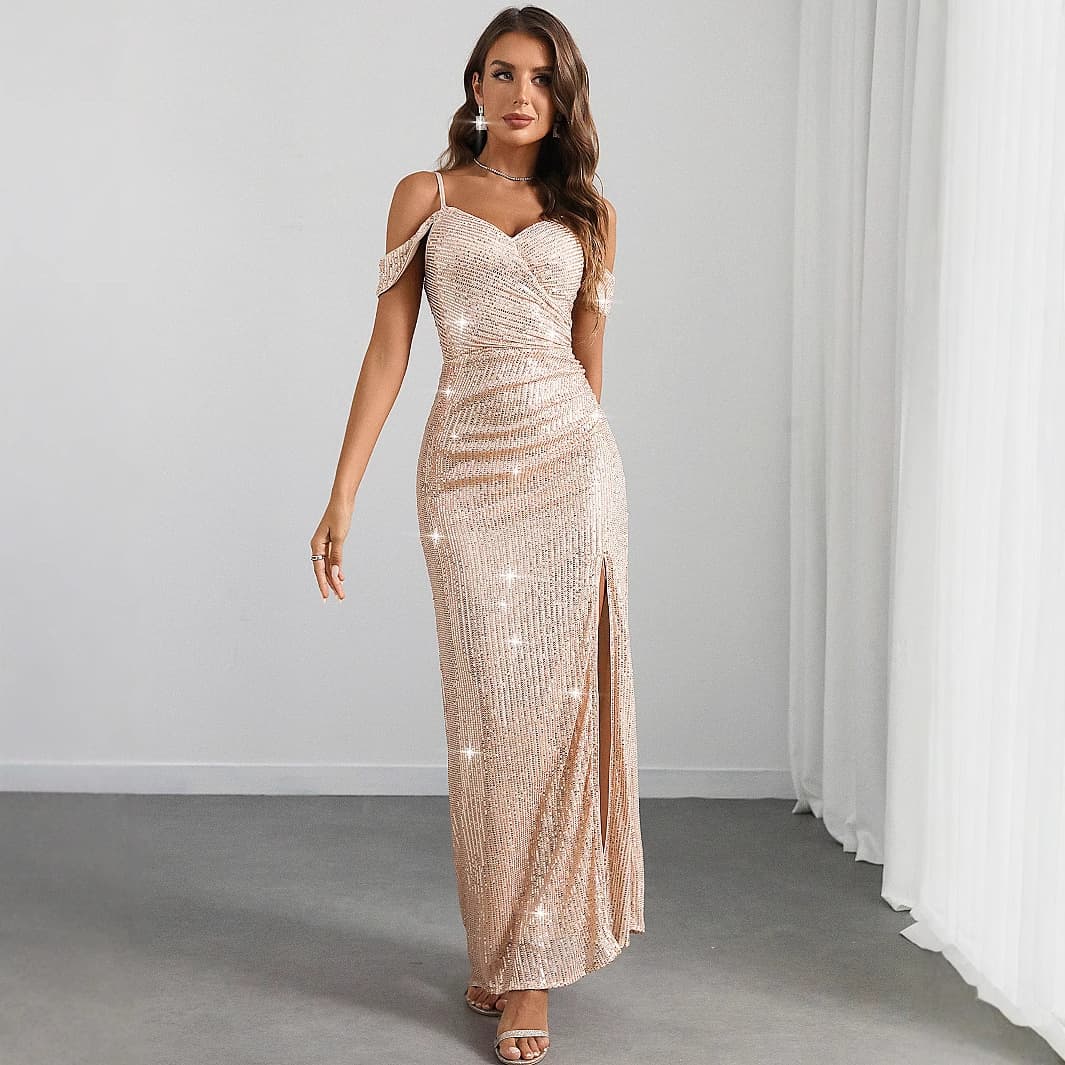Women's Clothing Women's Sexy Backless Sequined Dress Tube Top Slit Party Sling Long Evening Dress