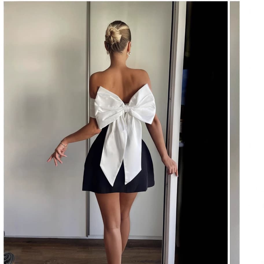 One Shoulder Black And White Contrast Waist A Line Design Bowknot Dress
