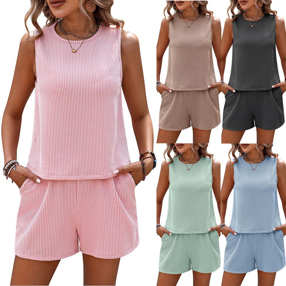 Summer New Women's Twisted Stripe Sleeveless Vest Shorts Striped Two-piece Suit