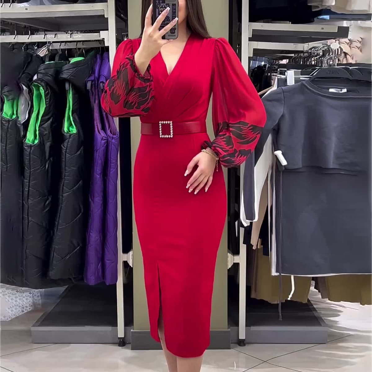 Women's Clothing V Neck Long Sleeved Printed Slim Fitting Belt Slit Dress