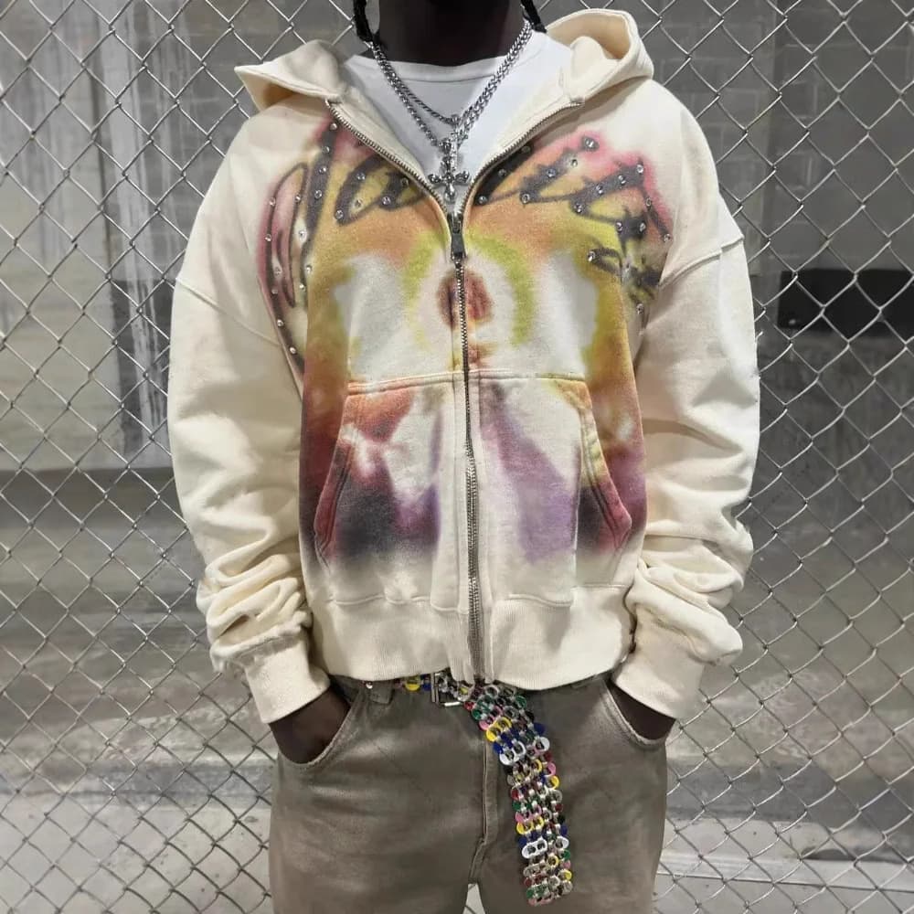Streetwear Hip-Hop Graphic Hoodie With Rhinestone Zipper - Unisex Oversized Pullover For Men & Women