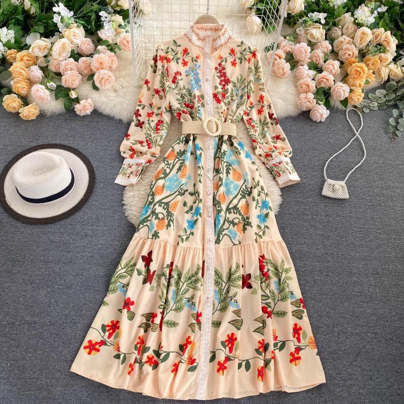 Women's retro palace style dress with waist tie, round neck, long sleeves, ruffles, western style fairy a-line skirt
