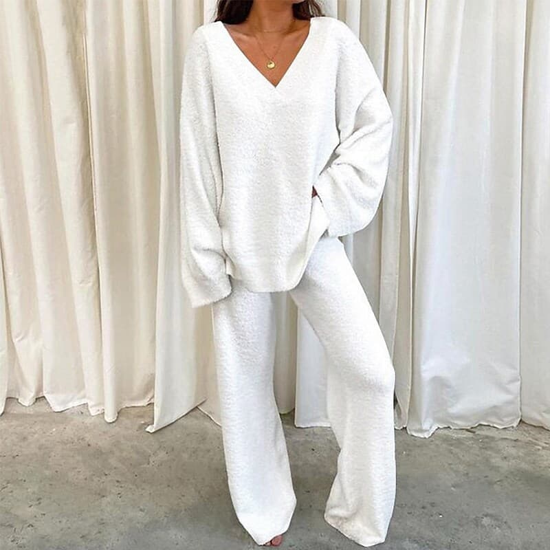 Women’s Clothing winter comfortable solid color V neck casual daily home warm two piece suit