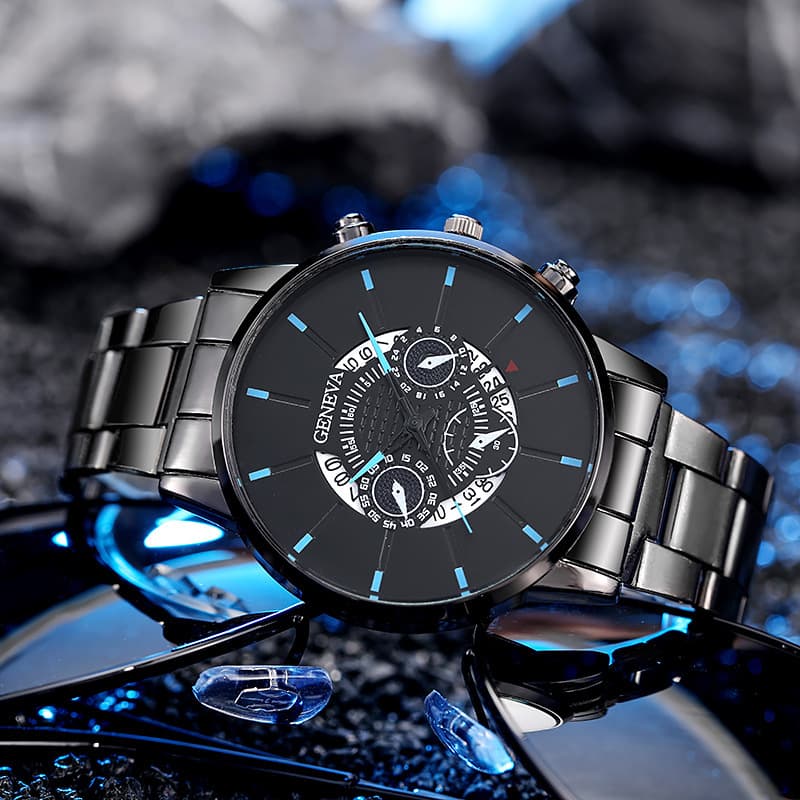 Three GENEVA Fake Eyes Leisure Business Calendar Steel Band Men's Quartz Watch