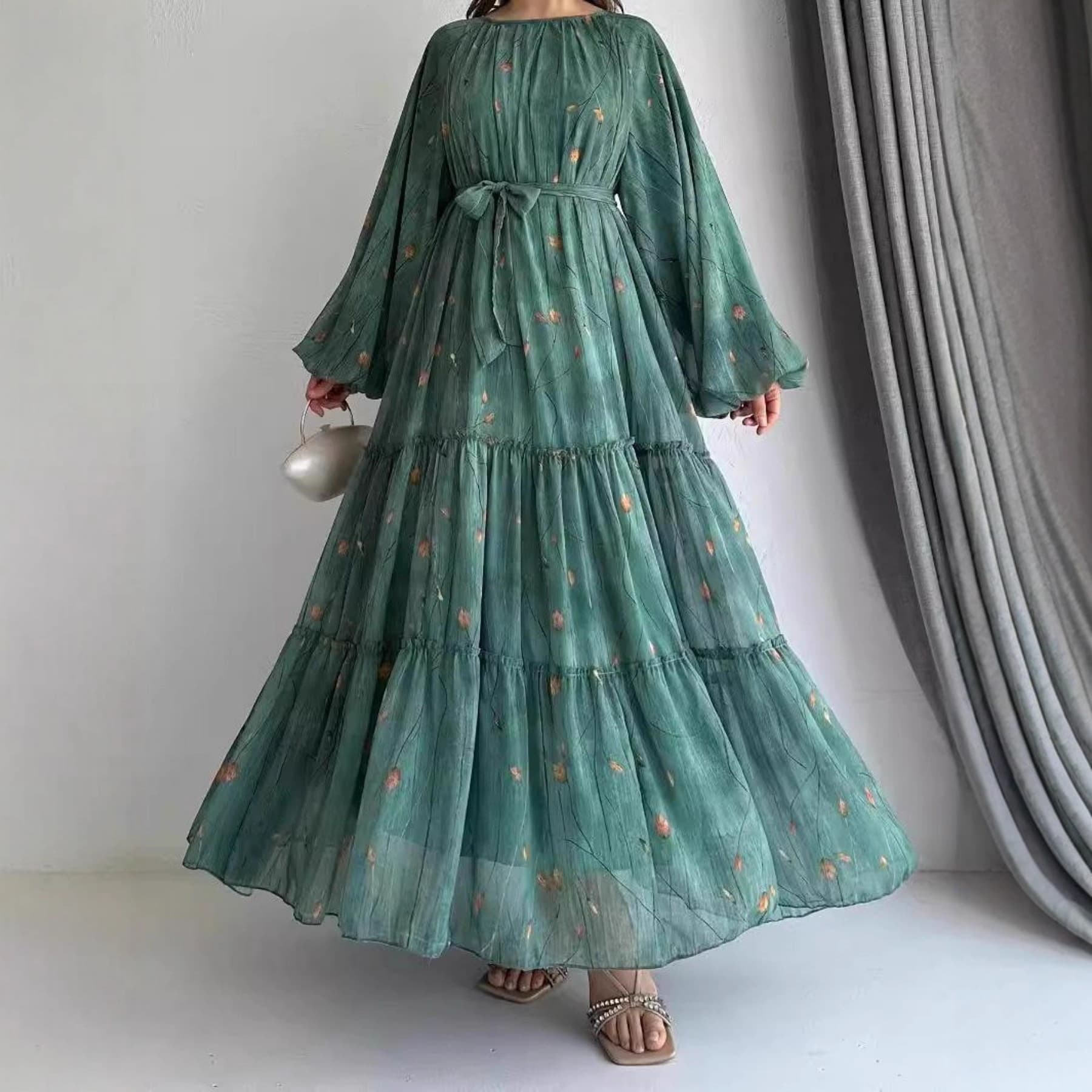 Modest Abaya Dress Elegant Muslim Floral Maxi Dress – Tiered Ruffled Sleeves & Tie-Waist Design