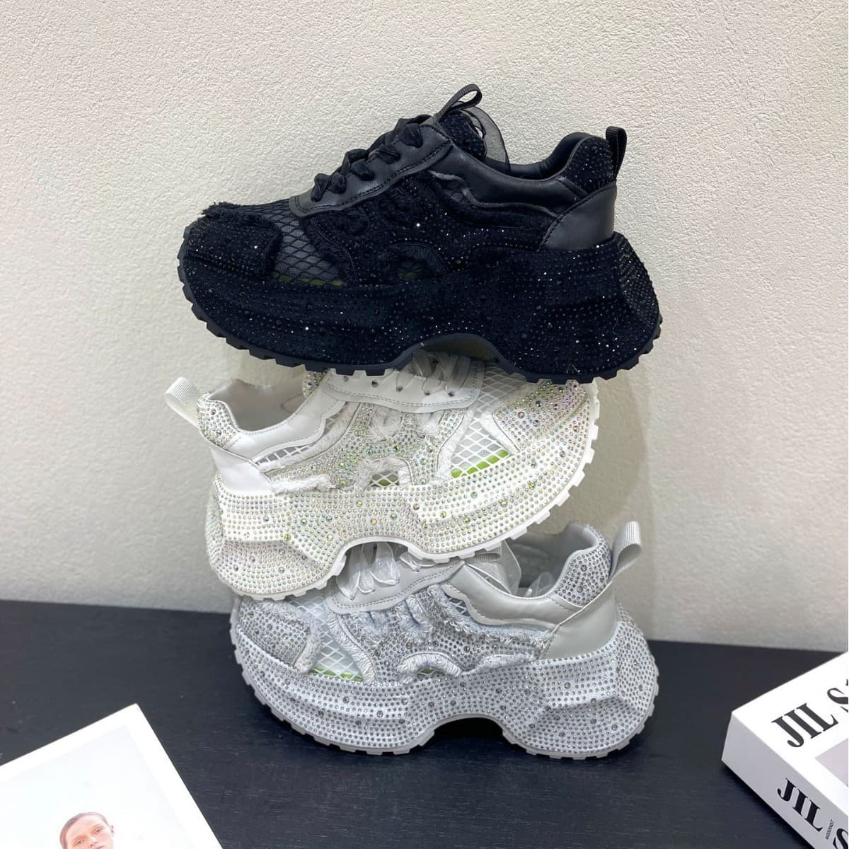 Women's Fashion Thick Sole Platform Sneakers With Rhinestones, Breathable Mesh Casual Shoes For Comfort And Style Sports Casual Shoes, Chunky Sneakers