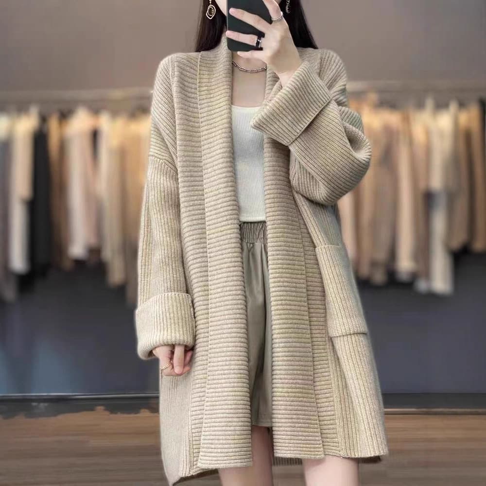 French Style Long Cardigan Women's Oversized Knit Sweater Coat With Lapel Collar, Solid Color, Casual & Elegant