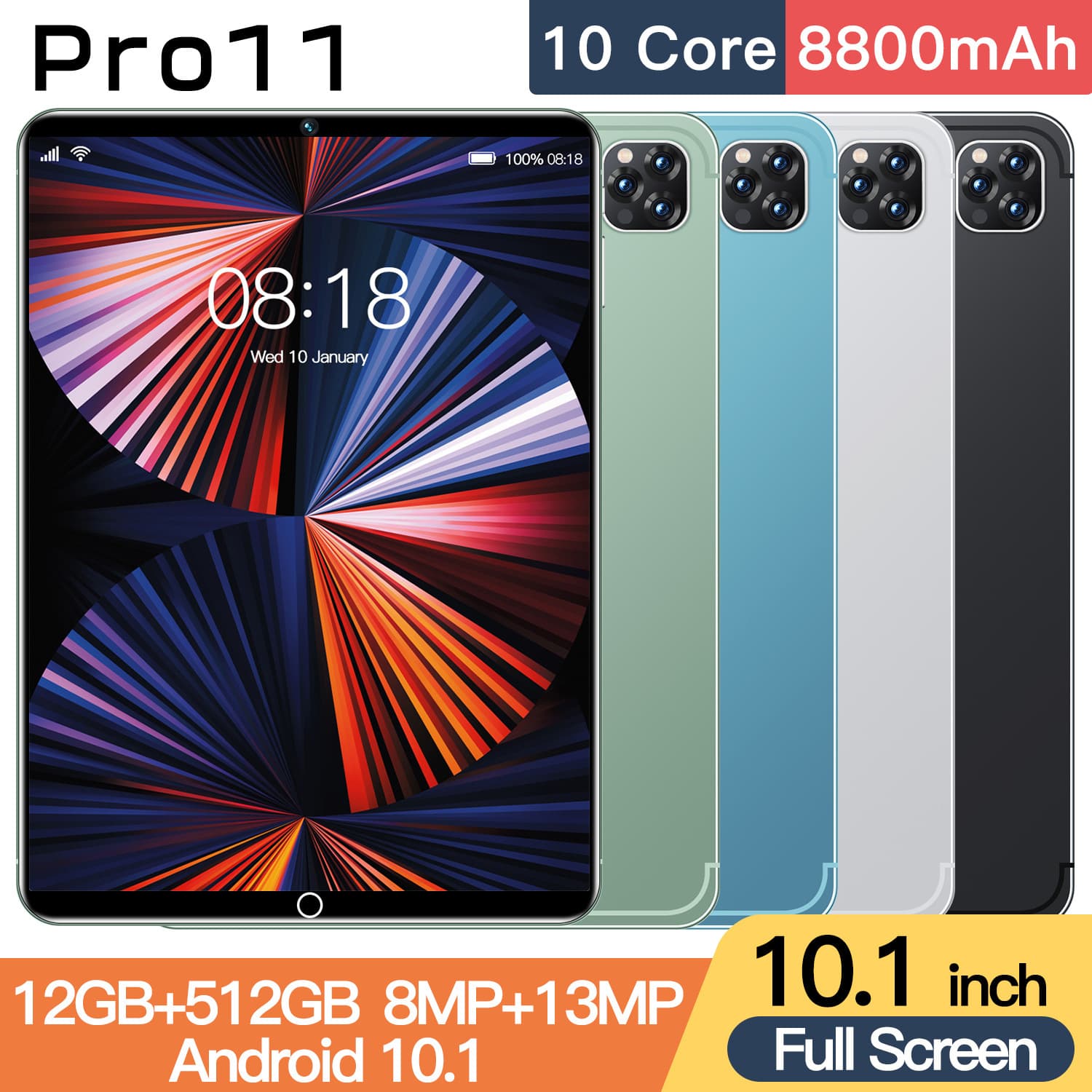 10.1 Inch Dual SIM Android Tablet - 8-Core Processor, HD IPS Screen, Bluetooth, 16GB Storage, Metal Body (White/Green)