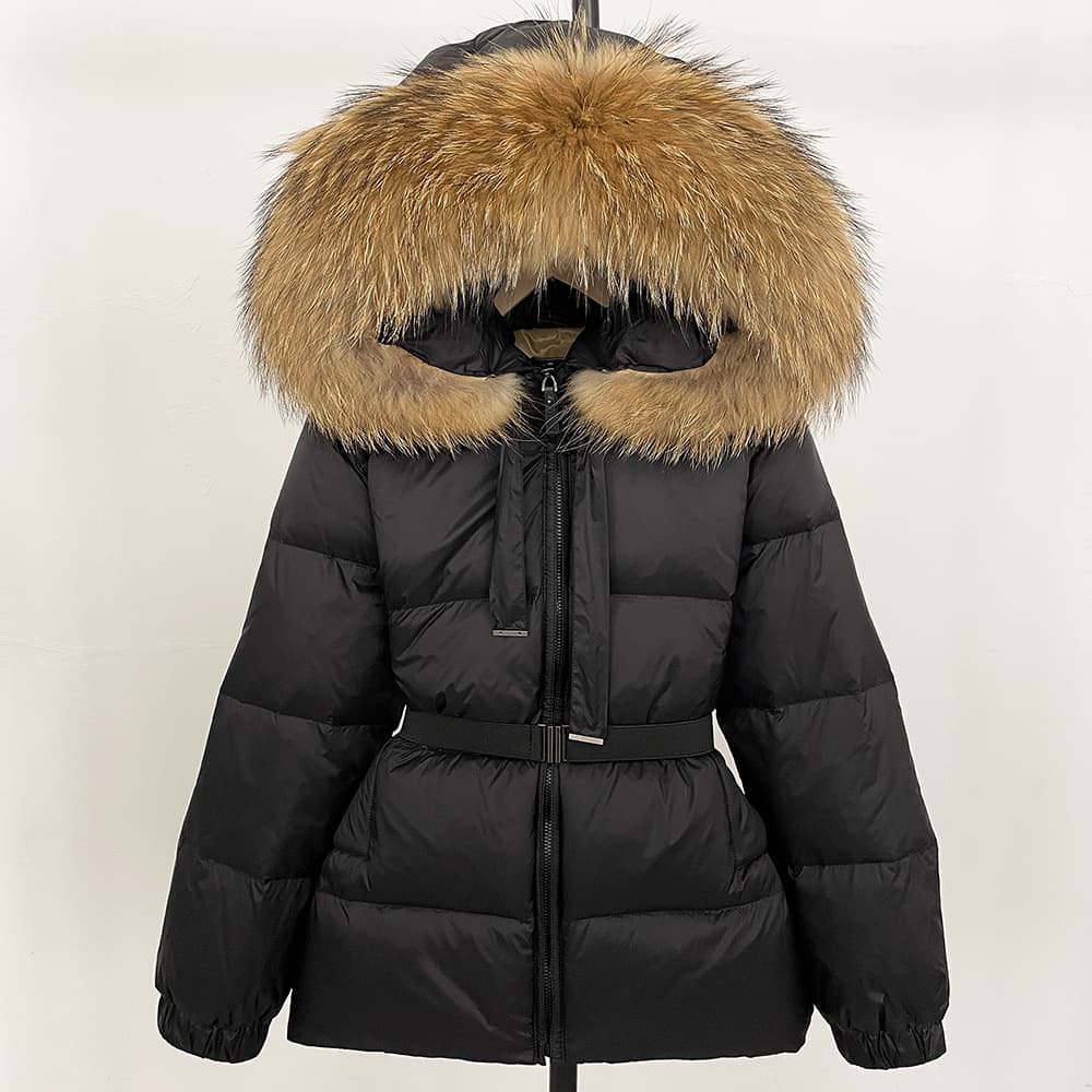 Women's Premium Raccoon Fur Hooded Down Coat - Longline Winter Parka With Detachable Fur Trim & Waist Tie, 90% White Duck Down Filling
