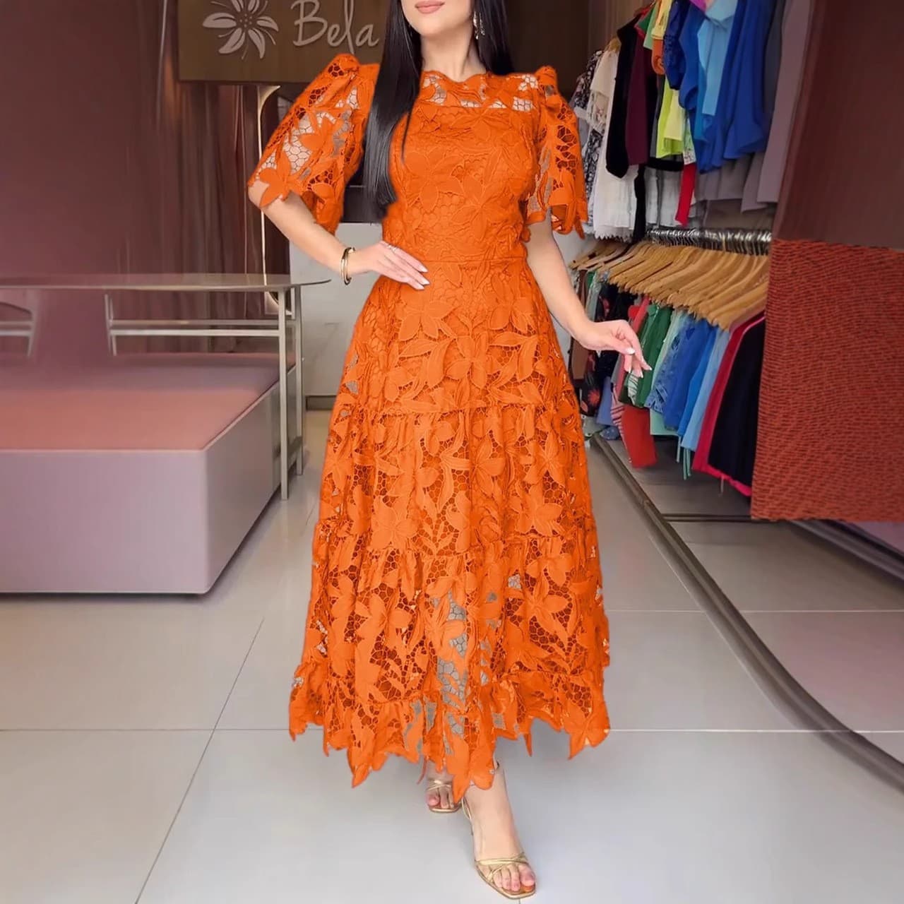 Women's Clothing Summer New Women's Temperament Round Neck Hollow Lace Dress Women's Clothing