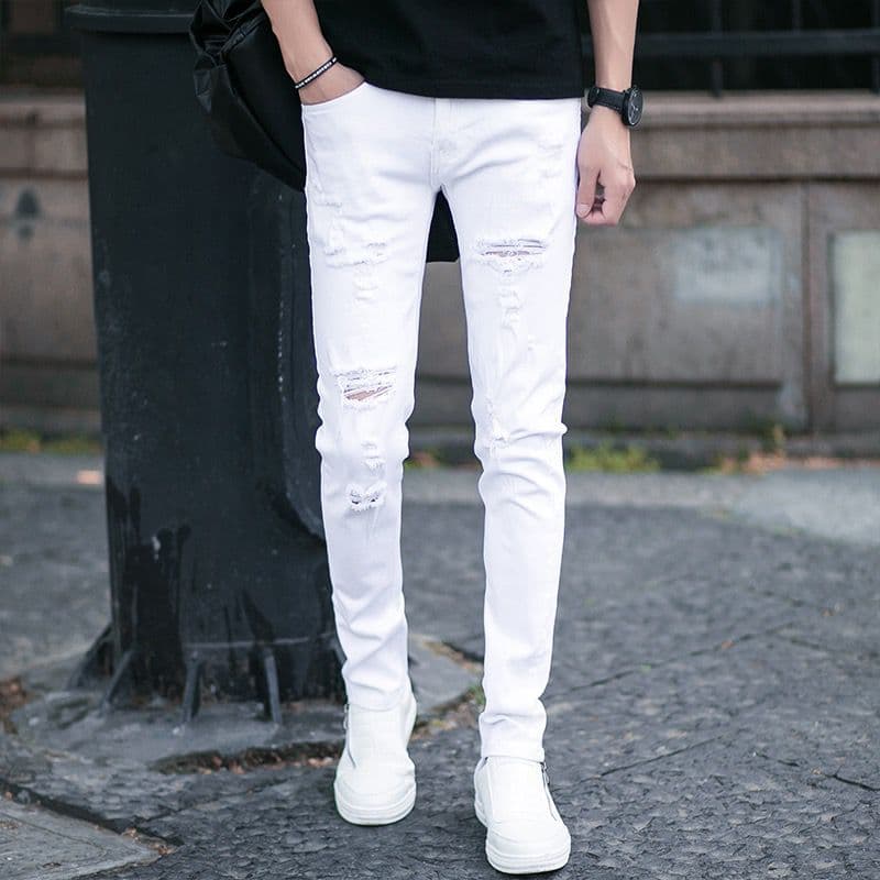 Men's White Skinny Jeans Ripped Stretchy Slim Fit Casual Long Pants Style Summer Trendy Denim