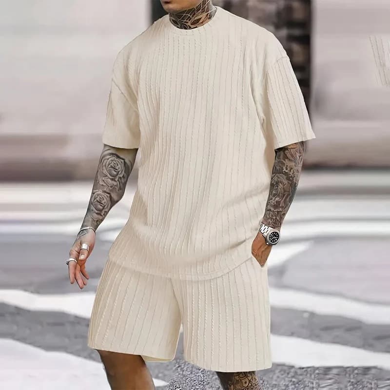 Men's Textured Linen Blend Set - Summer Loose Fit Short Sleeve Suit | Vacation Ready Coordinated Outfit